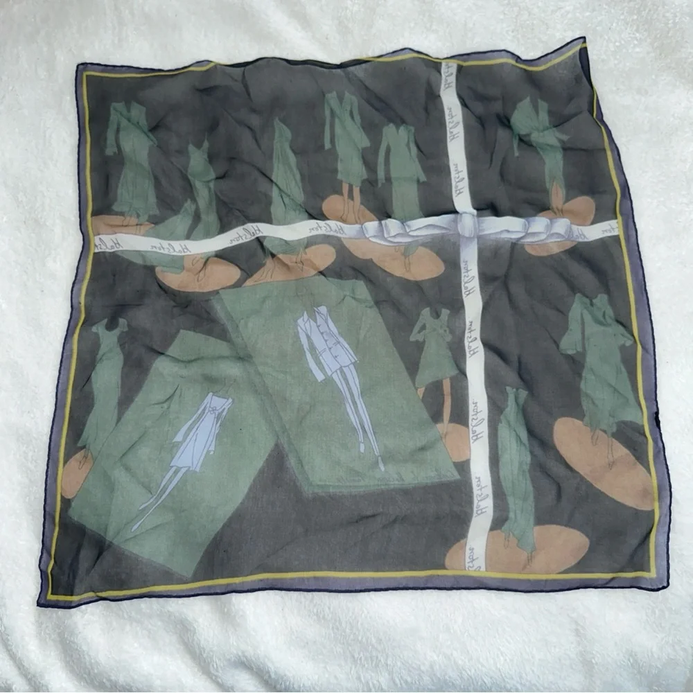 Vintage Halston 70s silk Elegant Black and Green Square Scarf 20x20